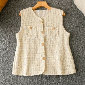 beige gold Tweed Vest with Gold toned Button down sleeveless top jacket